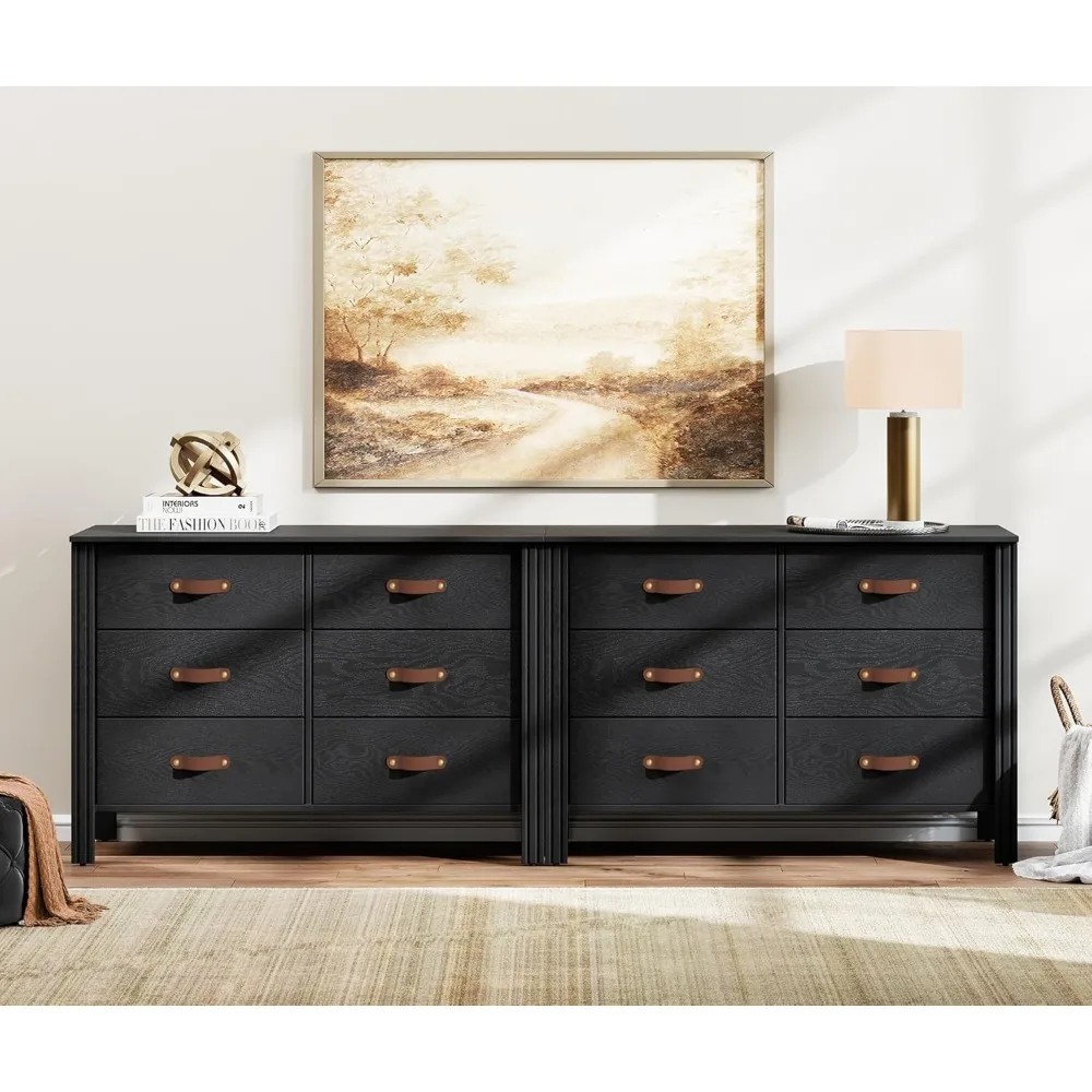 

WAMPAT Black Dresser for Bedroom, Long Wide Dresser with 12 Drawers, Kids Dressers & Chests of Drawers, Set of 2 Classic Wooden