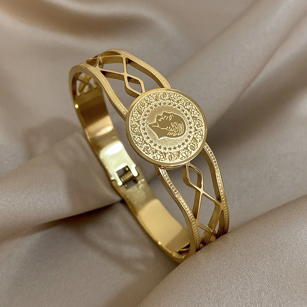 

Hollow Geometry Round Head Portrait Pattern Stainless Steel Bracelet Bangle for Women and Men Vintage Waterproof Jewelry Gifts
