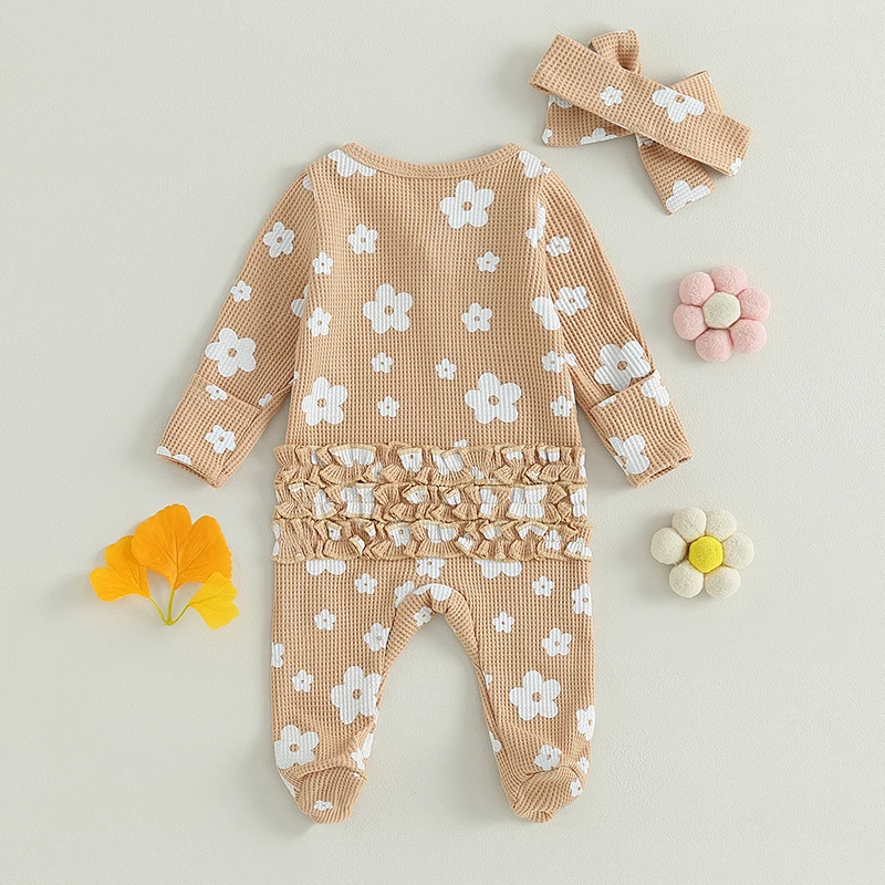 2023-07-08 Lioraitiin 0-6M Infant Baby Girl Footed Jumpsuit Cartoon Floral Print Long Sleeve Front Zipper Closure Romper