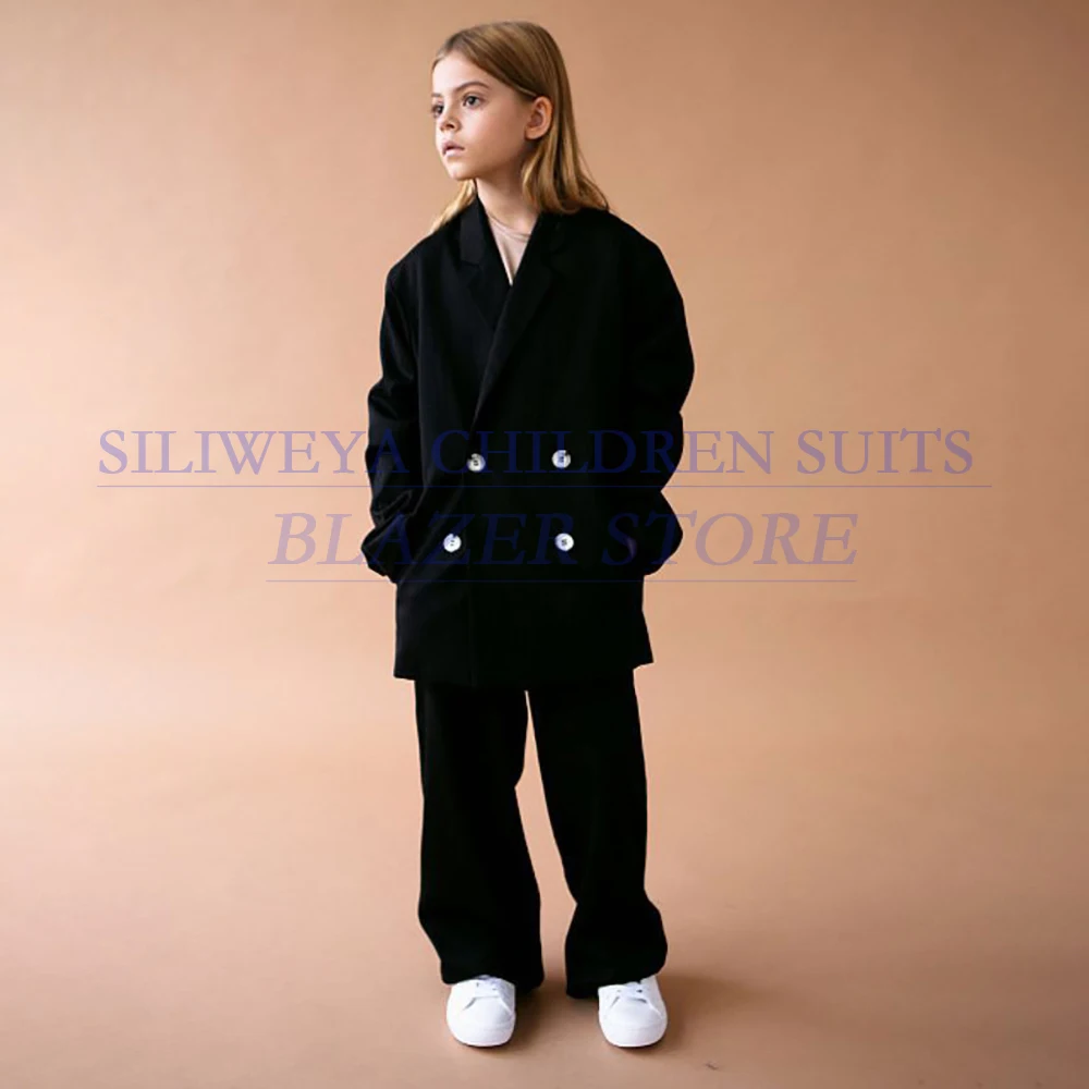 

Black Children Clothing Formal Double Breasted Peak Lapel 2 Piece Jacket Pants Sets Fashion Kids Cutomzied Autumn Girls Outfits