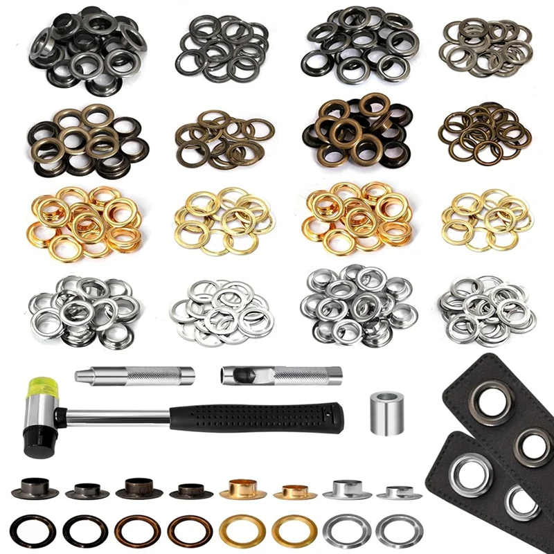 AS60-Grommet Tool Kit 120 Sets, 1/2 Inch 2 Heights, Eyelets, Grommets And 4 Installation Tools,For Leather, DIY