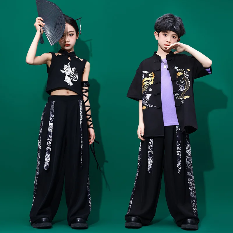 Conjunto de performance de dança de hip hop infantil, trajes de palco de jazz de dança de rua para meninos, estilo chinês preto hanfu