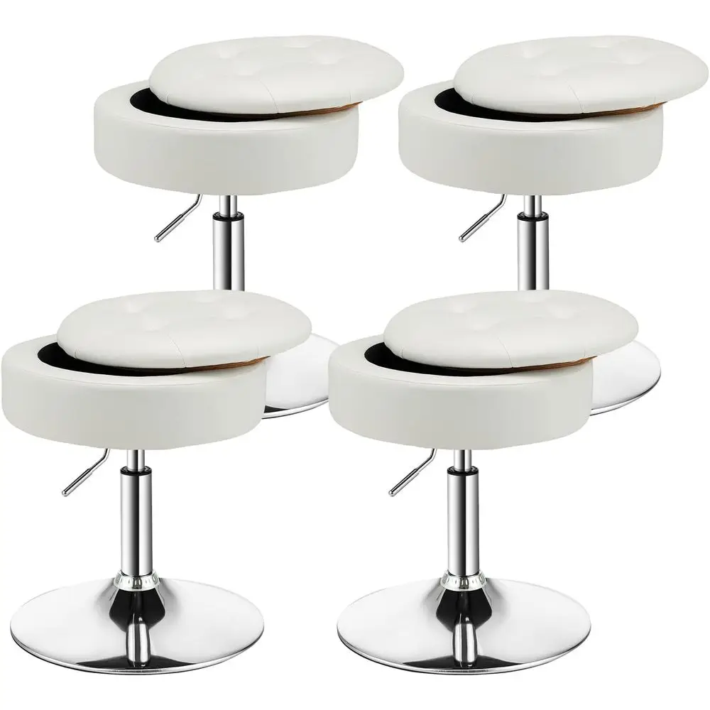 Set of 4 Counter Height Bar Stools, Adjustable Swivel Vanity Chair with Tray and Storage, Modern Round White Ottoman