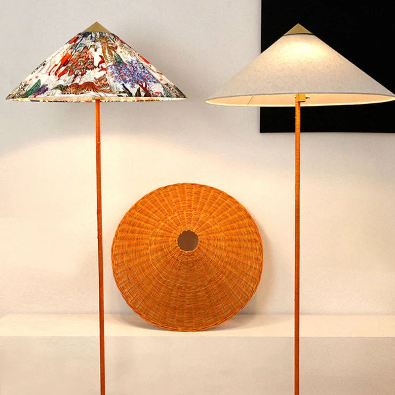 Living room vertical floor lamp French printing lamp study bedroom wabi-sabi wind hat rattan floor lamp