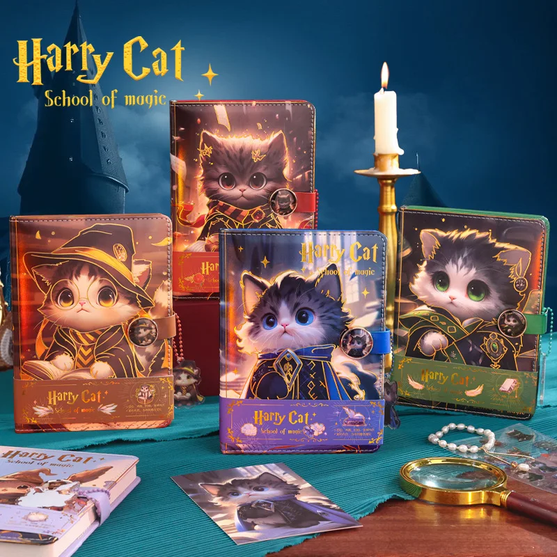Cartoon Harry Cat Notebook Full Color Page Cute Illustration Magnetic Buckle Soft Leather Diary Student Notepad