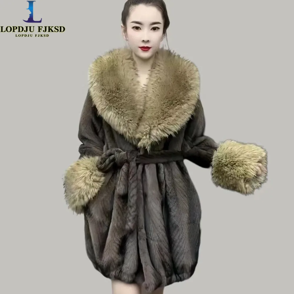 Faux Mink Fur Coats for Women,Covered Button Jackets,Female Overcoat,Thicken Warm Clothes,Adjustable Waist,New ,Winter