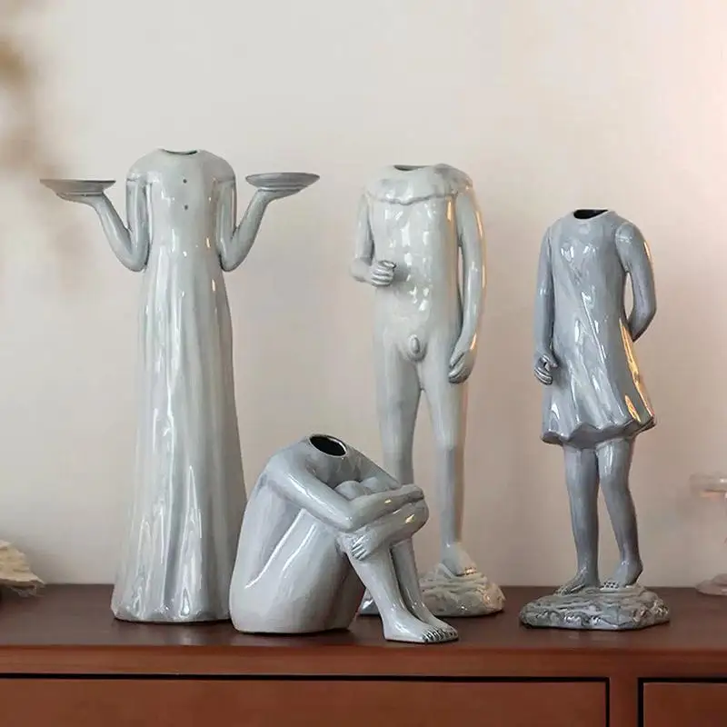 Ceramic Vase Abstract Human Figure Sculpture Flower Arrangement Accessories Headless Vase Candlestick Terrarium Flower Pot