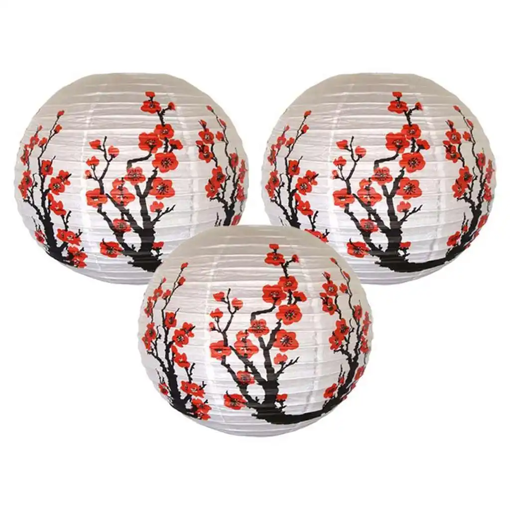 Set Of 3 Red Sakura(Cherry)Flowers White Color Chinese/Japanese Paper Lantern/Lamp 16 Inch Diameter,Set Of 3