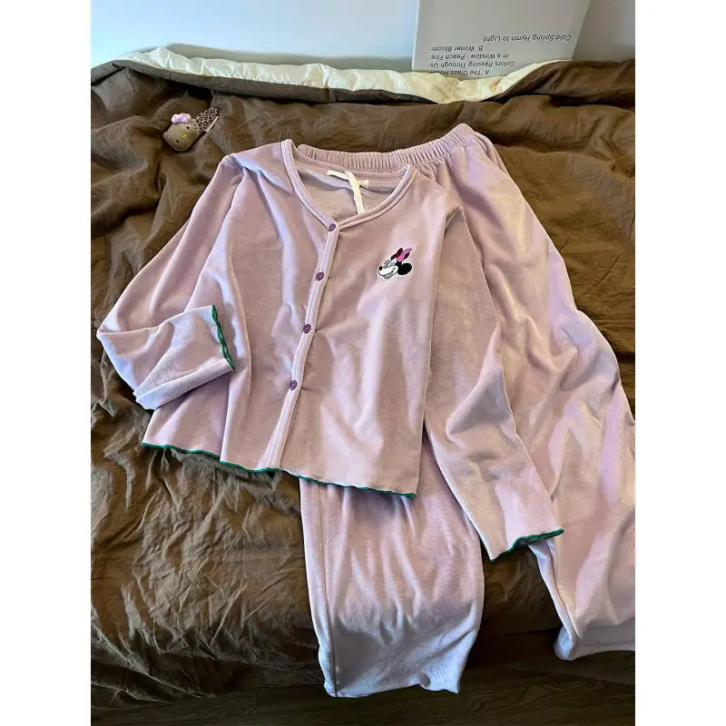 

Комплект пижамы в стиле кардигана с вышивкой Минни, светло-фиолетовый, с зеленой отделкой, из комфортной ткани, повседневный, в стиле Y2K, для отдыха