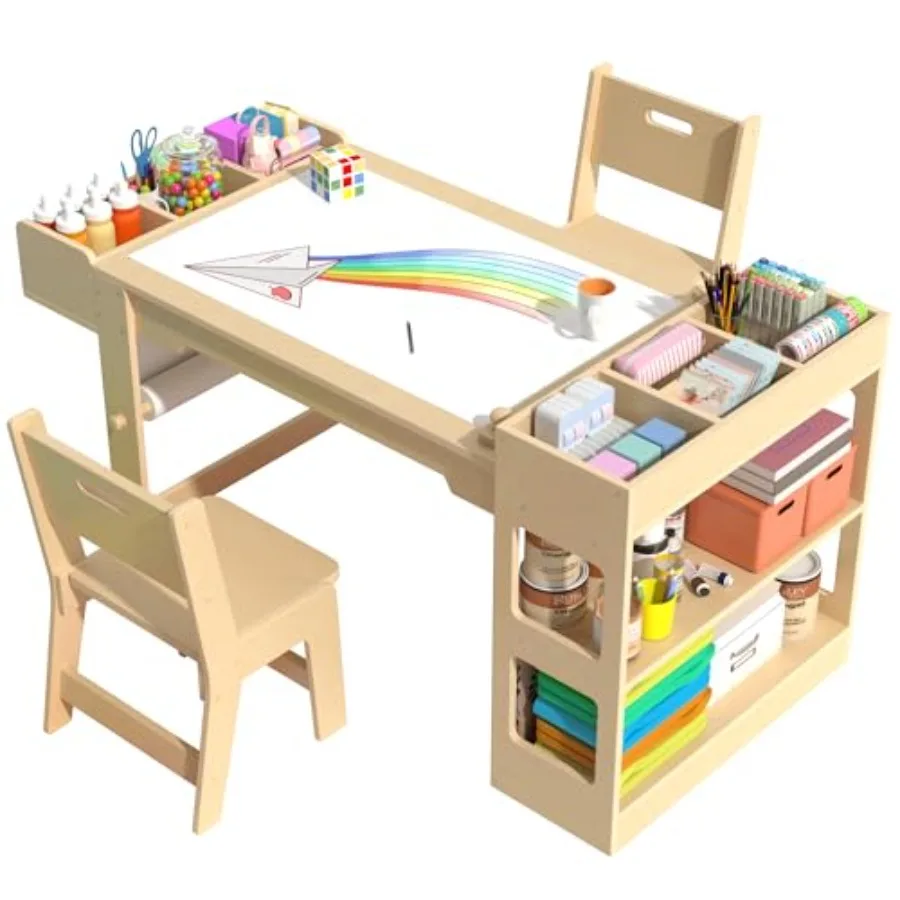 

Art Table and Chair Set Wood Craft Desk with Storage for Writing Drawing Learning Reading Toddler Activity Play Desk with 2 Cha