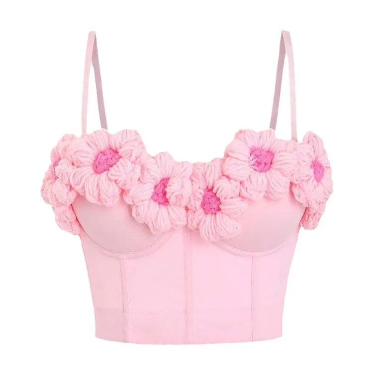 Sexy Push Up Bras with Pink Sweet Crocheted Floral Decorative Design Fishbone Corset Outer Wear Fashionable Suspender Bralette