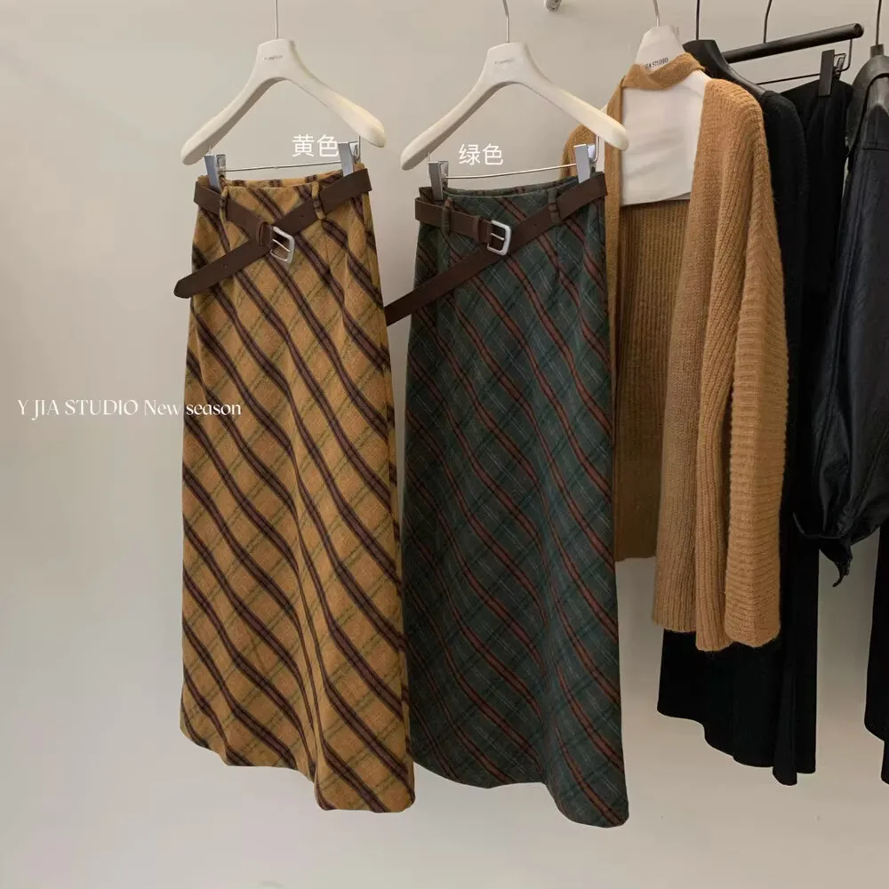 المرأة الخريف الشتاء الصوف والمزيج منقوشة تنورة طويلة سيدة خمر عالية الخصر ضئيلة ألف خط تنورة