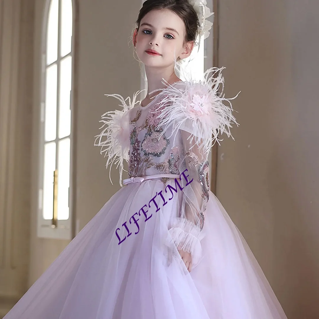 Sukienka dziewczęca z różową koronką arabską, zdobiona koralikami, z trenem typu court, w stylu księżniczki, idealna na ślub, urodziny, konkurs piękności, przyjęcie, bal wieczorowy.