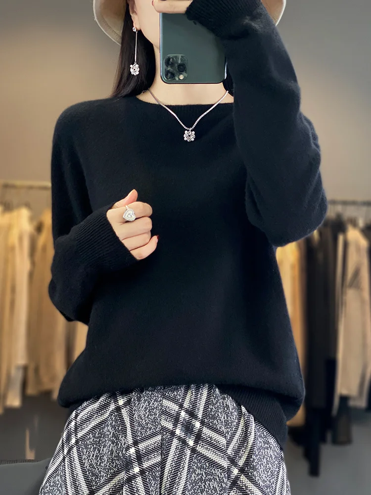 Casual feminino outono inverno pulôver camisola sólida quente macio o-pescoço 100% lã merino conforto de malha roupas básicas topos