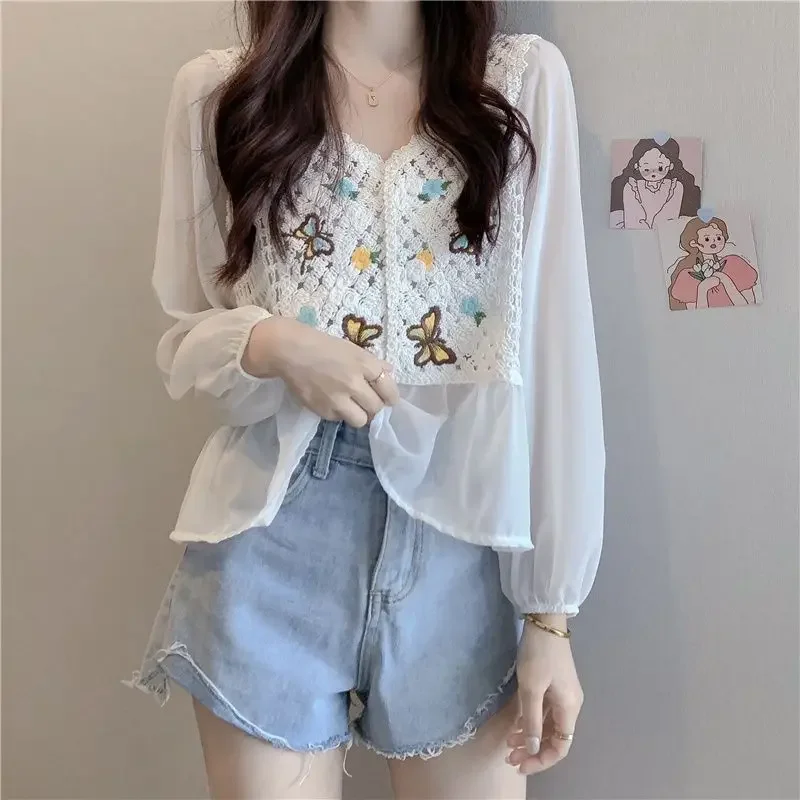 V-neck Shirt Long Sleeve Retro Chiffon Shirt Women Crop Tops Korean Fashion Jacket Summer Autumn Embroidery Crochet Streetwear