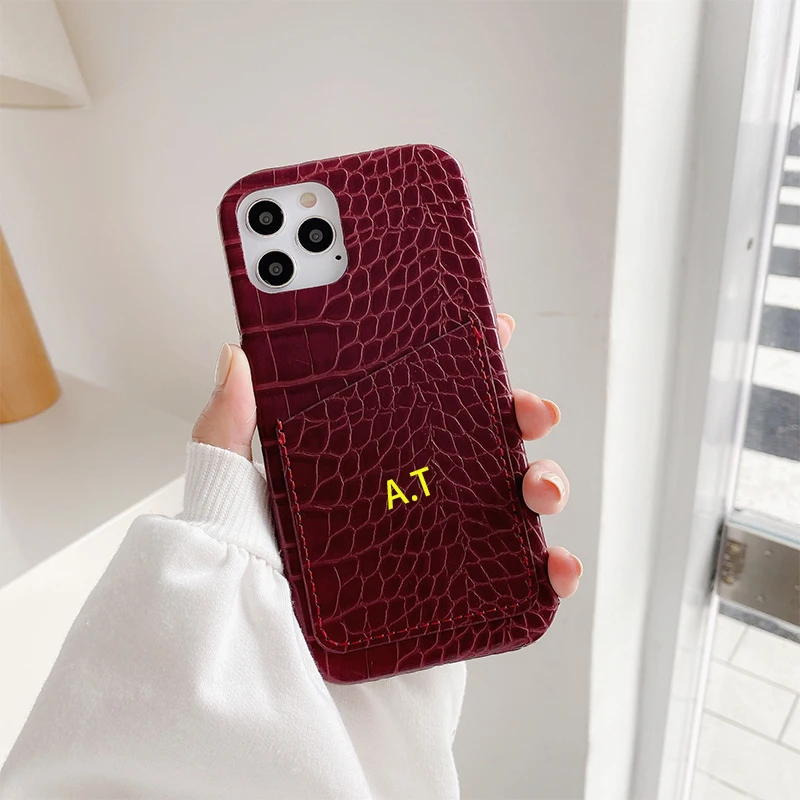 Customized Leather Phone Case with Card Holder Initials Name Letter Crocodile Pattern iPhone17 16 11 12 13 14 15Pro Max 16Plus