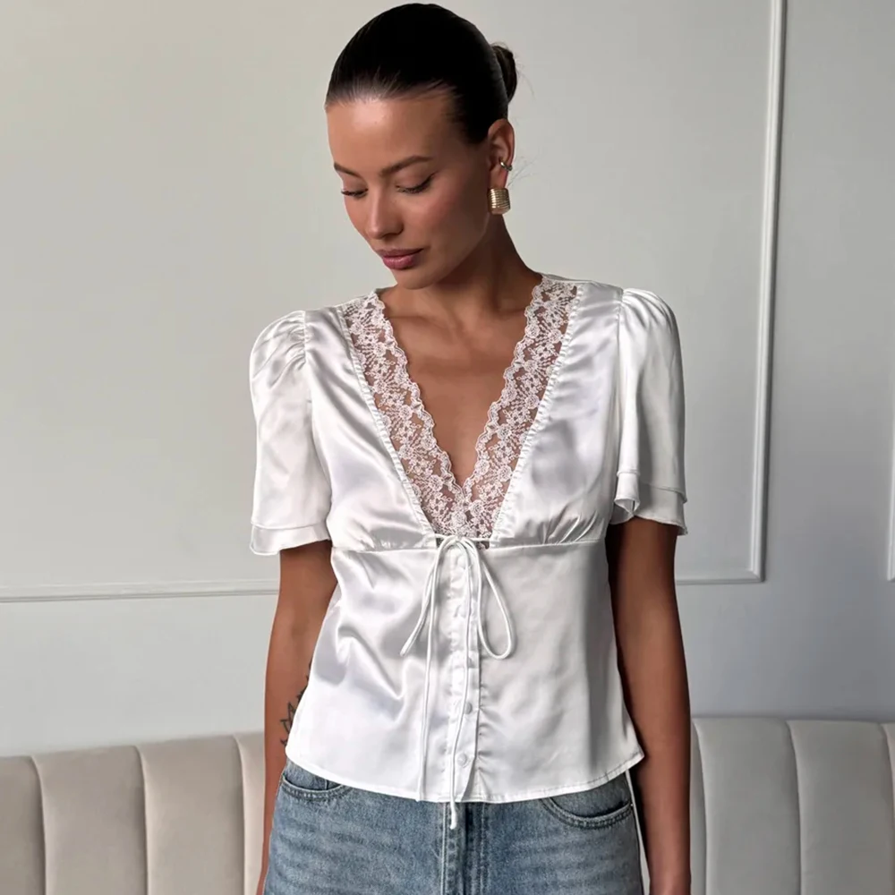 

Ticketsx Women's V Neck Lace Tops Sexy Lace Up Button Patchwork Slim T-Shirts Summer Fashion Female Vintage Vacation Casual Tops