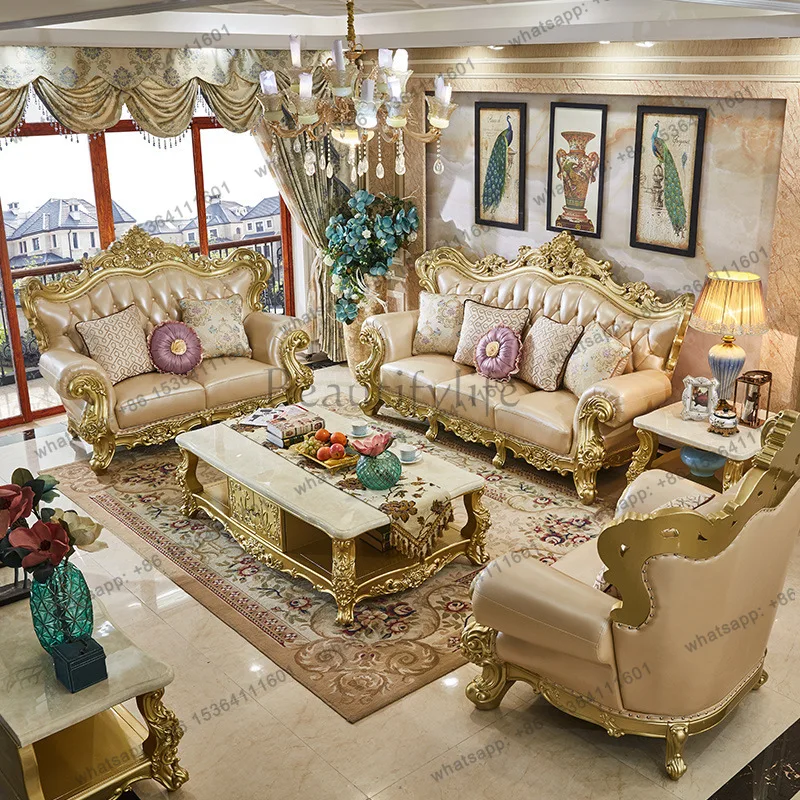 8Classic Luxury Sofa Rubber Solid Wood  Golden  Antique European Royal Style Living Room Sofa Sets 1+2+3