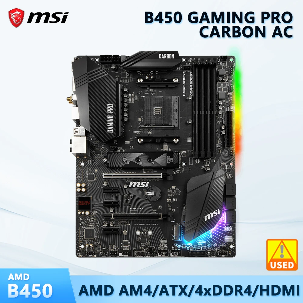 

B450 Материнская плата MSI B450 GAMING PRO CARBON AC для процессоров RYZEN 5 5600, материнская плата с разъемом AM4 4xDDR4 128 2 × M.2 USB3.1 ATX 64 ГБ