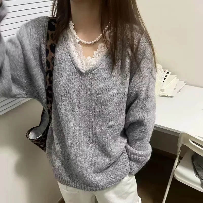 

Корейский стиль, ленивый кружевной лоскутный серый пуловер, женский свитер, новый мягкий и универсальный вязаный топ на осень и зиму