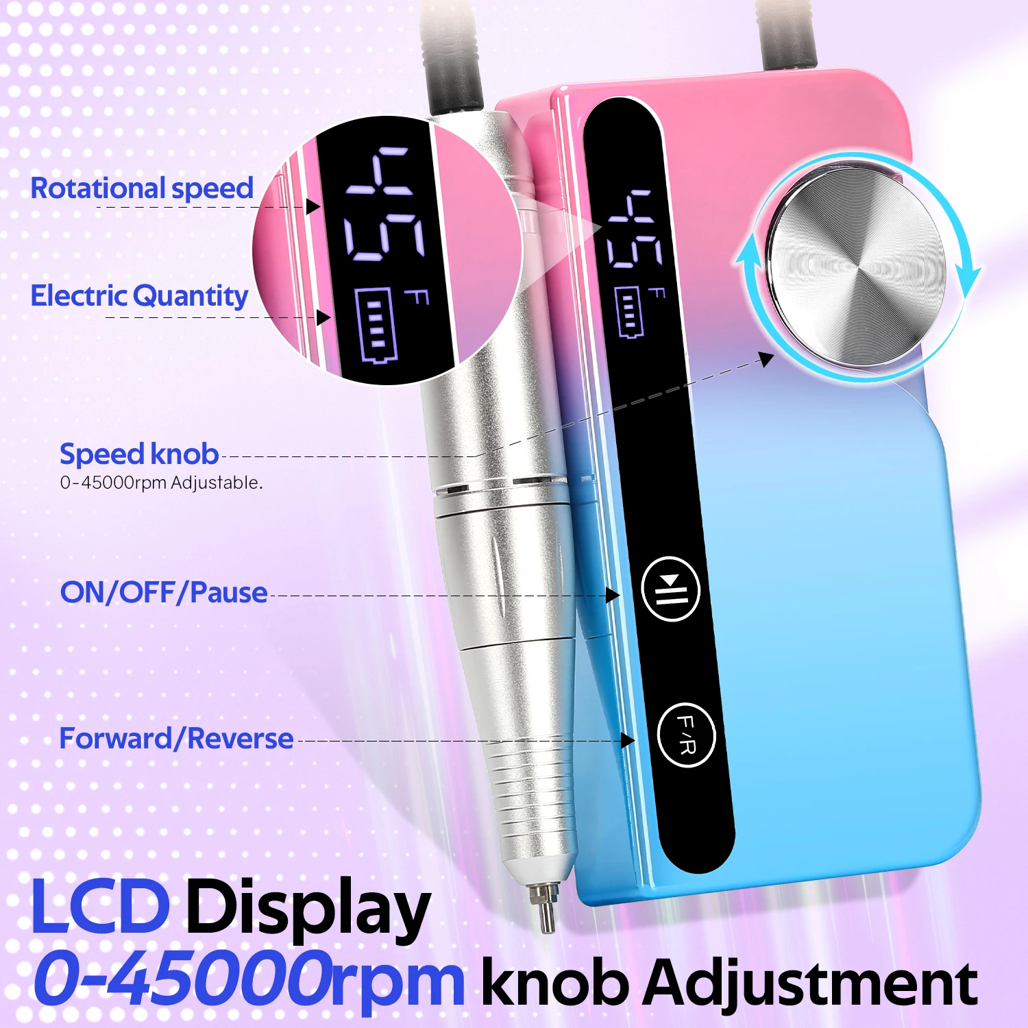 45000 دورة في الدقيقة آلة حفر الأظافر المحمولة جيل طلاء الأظافر ساندر الكهربائية المهنية مسمار مخرطة مع شاشة الكريستال السائل مسمار أدوات الرسم #2