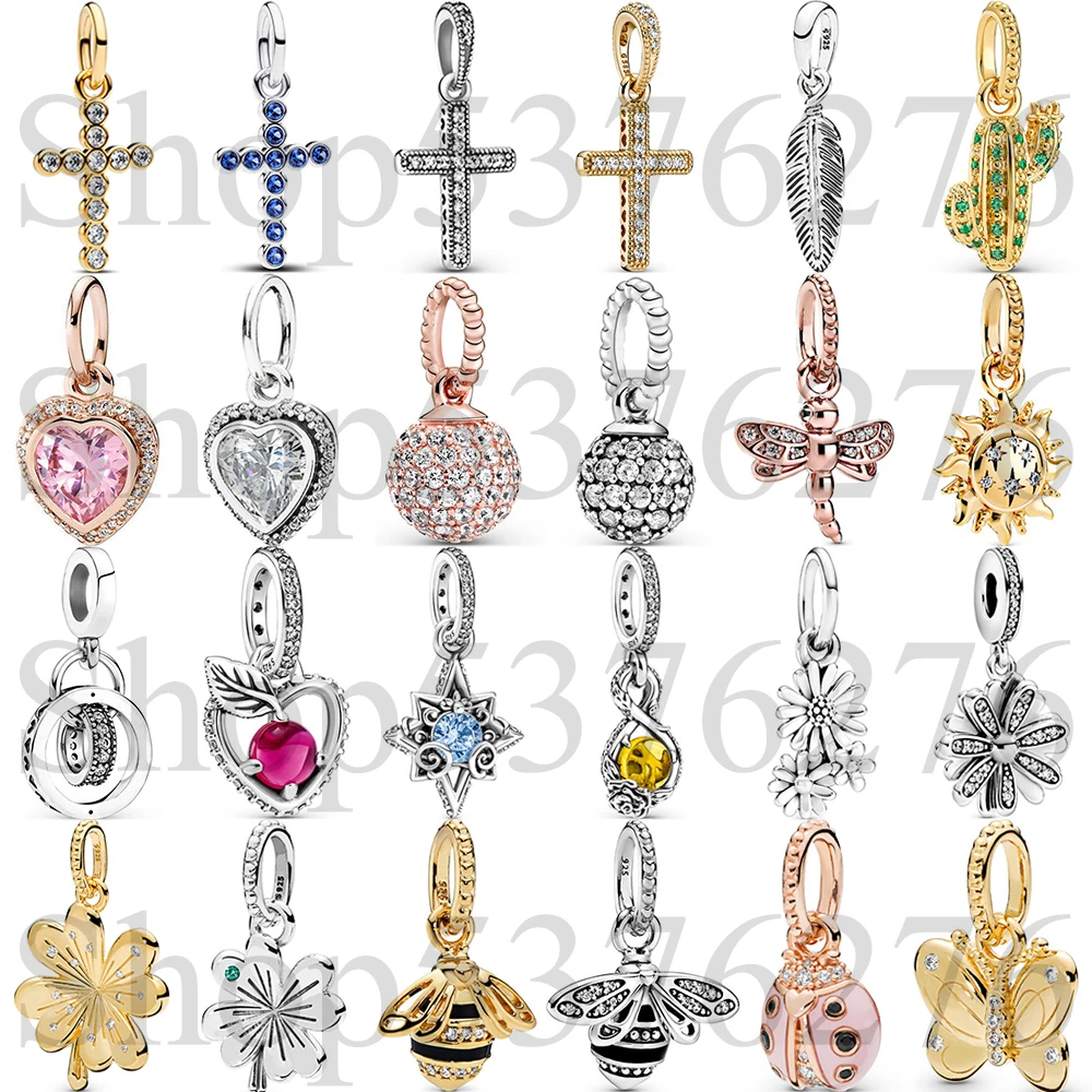 

925 Sterling Silver Bead Classic Cross Spiritual Feather Clover Dangle Charm For Fashion Women Bracelet Bangle Gift DIY Jewelry