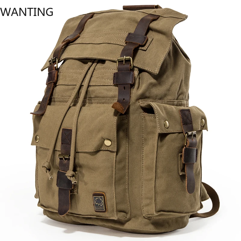 Mochila grande de moda, mochilas de lona de cuero Vintage para viajes, senderismo, Camping, mochila escolar para hombres y mujeres