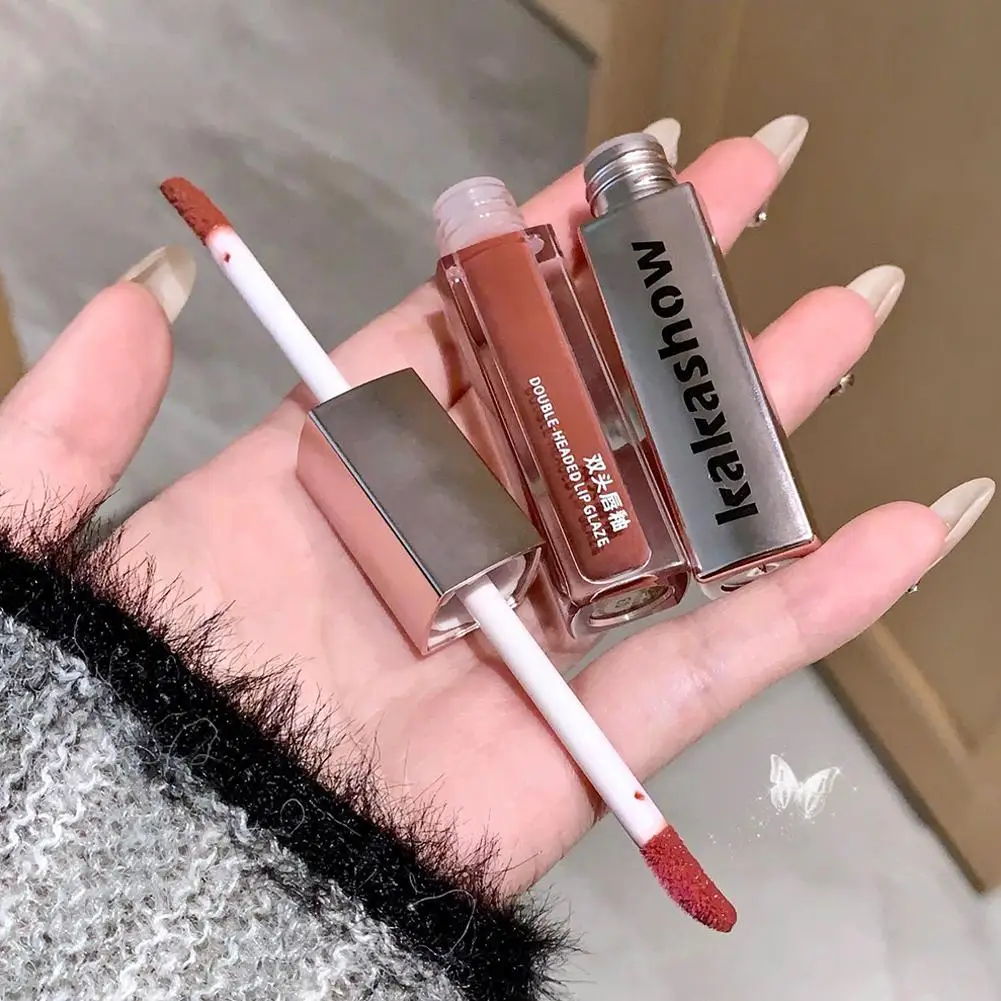 Dwustronny błyszczyk do ust, aksamitny matowy błyszczyk do ust, długotrwała wodoodporna płynna pomadka do ust, makijaż, dwustronny błyszczyk do ust.