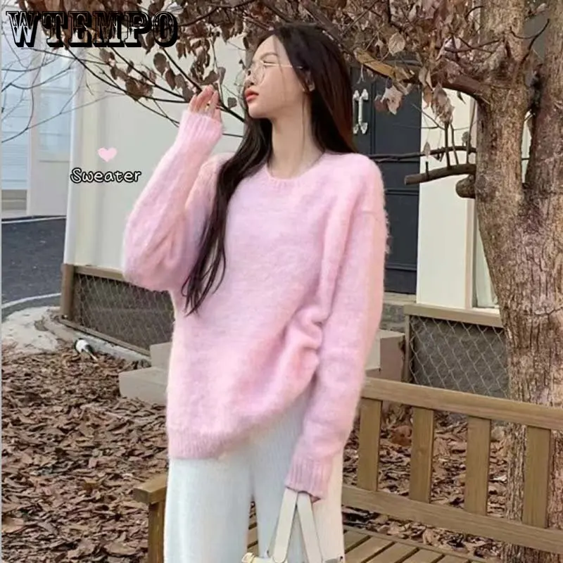 Mohai Knitted Basic Women's Warm Round Neck Pullover Sweater Pink Short Top Sweet Sueter Mujer Autumn and Winter Jumper