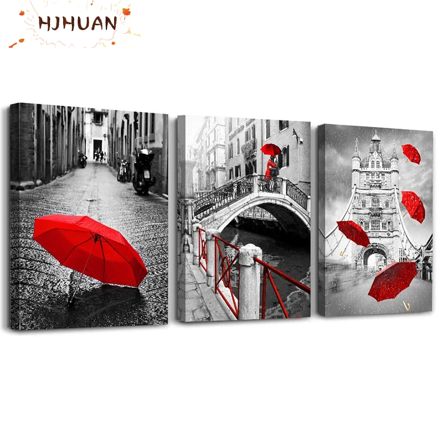 3pcs Black and white urban architectural landscape, red umbrella Diamond Painting Full Square/Round Drill Mosaic Home Decor