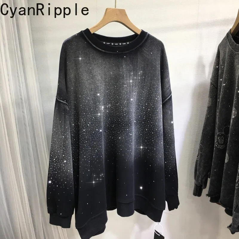 Full Diamonds Hot Drilling Black Gray Long Sleeve Sweatshirt Women Autumn Winter Oversize Round Neck Pullover Top Fleece Hoodies