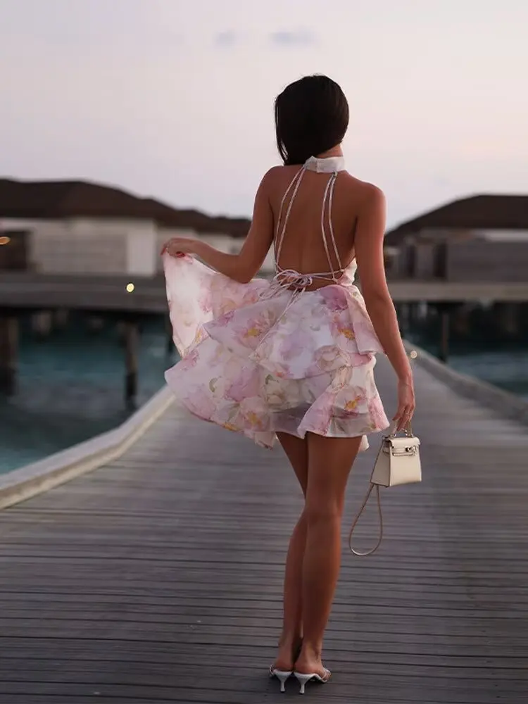 Francês floral chique com tiras mini vestidos femininos rosa impresso halter sem costas sem mangas em camadas verão férias festa senhoras vestido