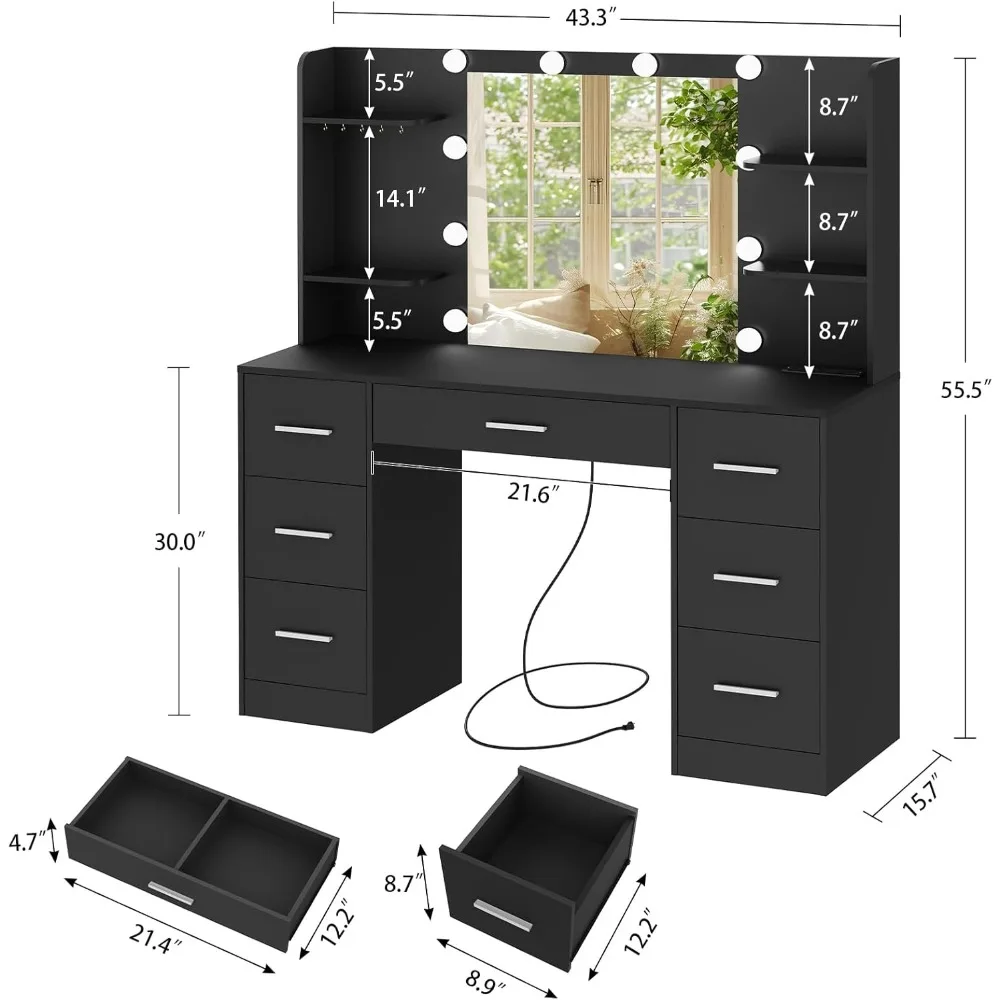 Meja Rias Besar dengan Cermin Berlampu LED & Stopkontak, Meja Rias dengan 7 Laci, 4 Rak, dan 5 Pengait, Meja Rias
