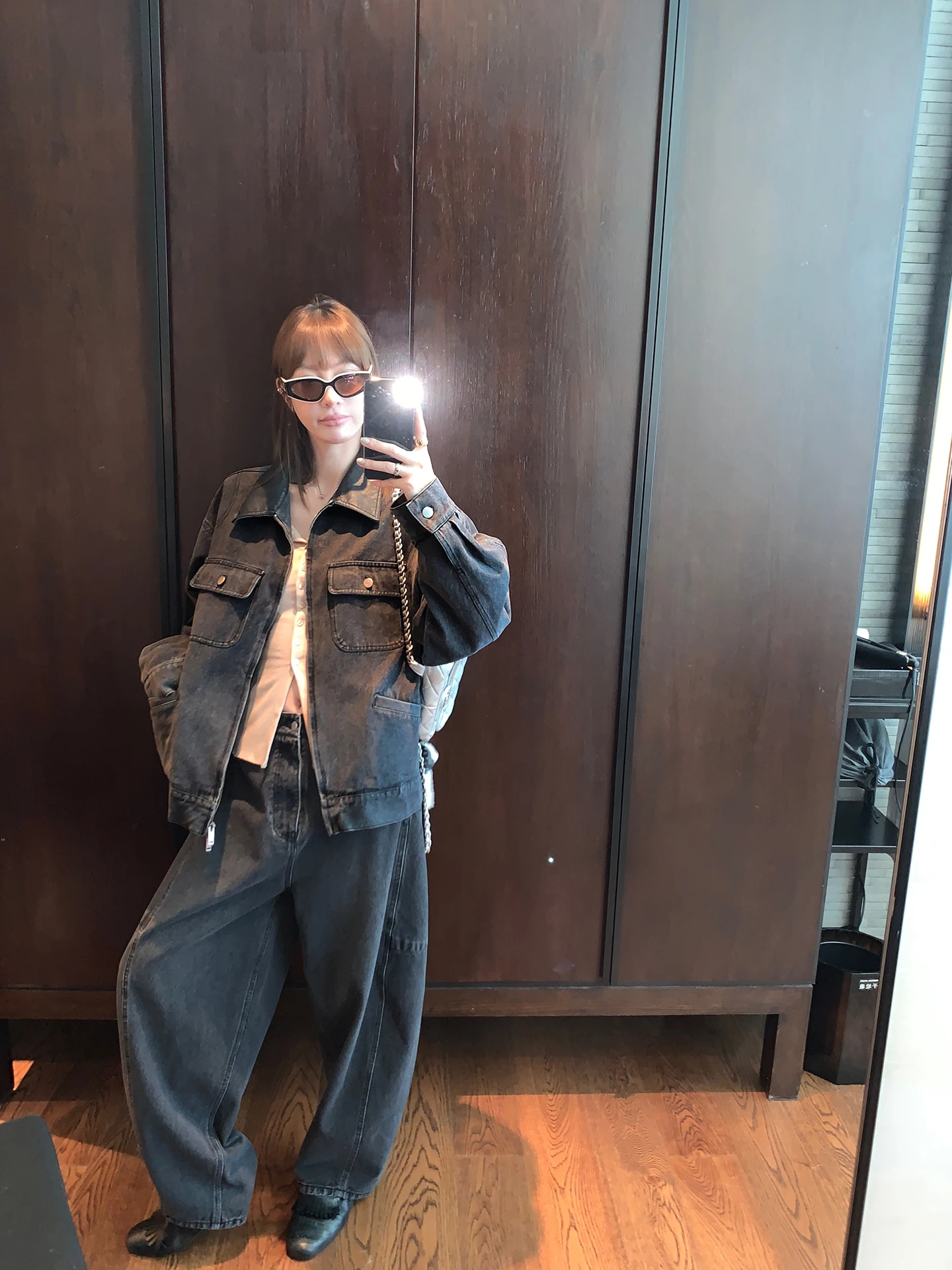 

Waed Denim Jaet And Loose Arc Jeans Set Casual Loose Leather Collar Outerwear Women's Faion Autumn Collection