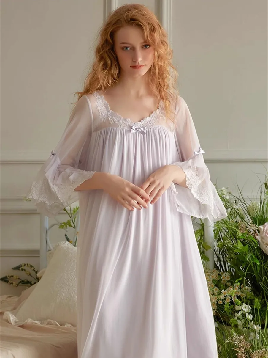 

Vintage Princess Nightgowns For Lady Modal Gauze Women Deliacate Embroidery Sleepwear Loose Royal Nightwear Spring Home Dress