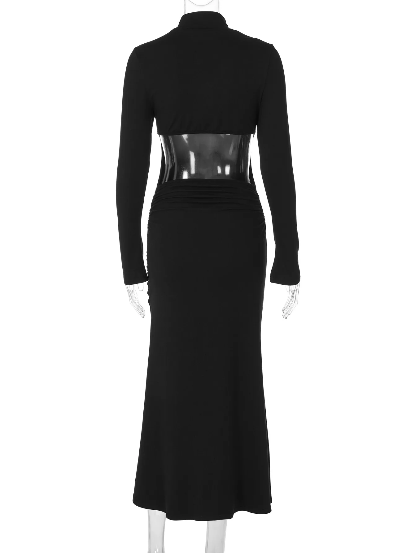 2025 Herfst Half Hoge Kraag Uitgesneden Zwarte Jurk voor Vrouwen Elegante Lange Mouw Hoge Taille Bodycon Mid-kalf feestavondjurken