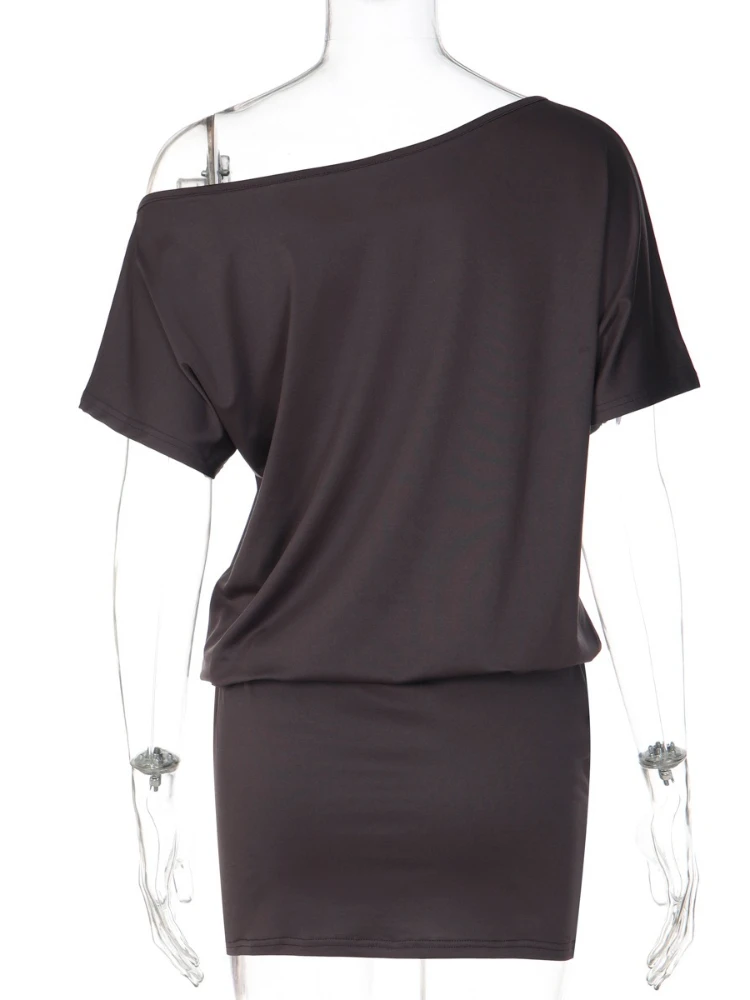 FDYOUI Damska Tunika z Asymetrycznym Kołnierzem i Guzikami, Krótka Sukienka-T-shirt, Odzież Uliczna na Wakacje, Krótkie Rękawy, Asymetryczne Sukienki na Imprezy i do Klubu