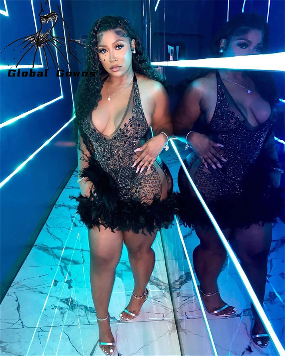 Red Rhinestone Short Prom Dresses 2025 Black Girls Sparkly Bead Crystal Feathers Birthday Cocktail Party Homecoming Customized