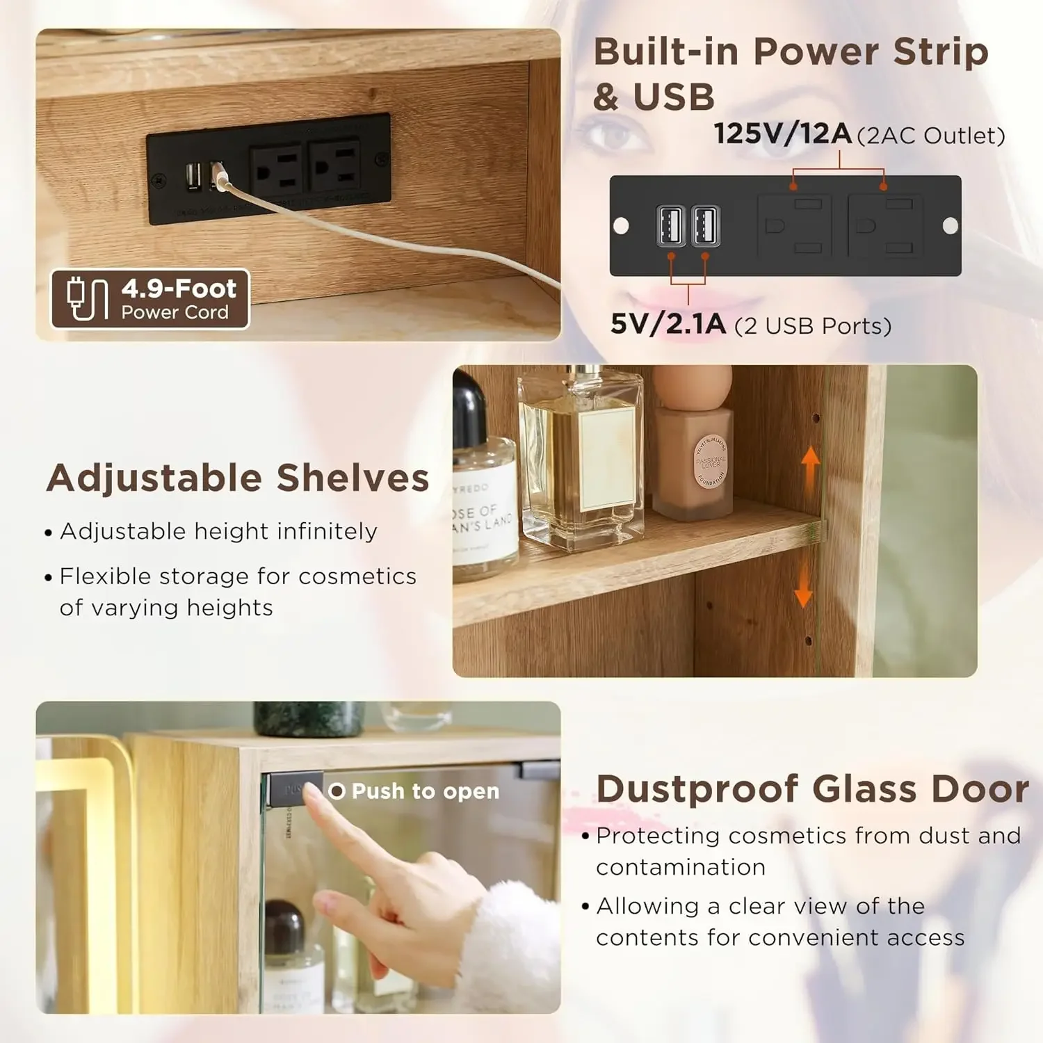 مكتب مكياج حديث مخدد مقاس 48 بوصة مع مرآة وأضواء كبيرة مقاس 36 بوصة، مع 5 أدراج وأرفف قابلة للتعديل، خشب البلوط 2025 جديد #6