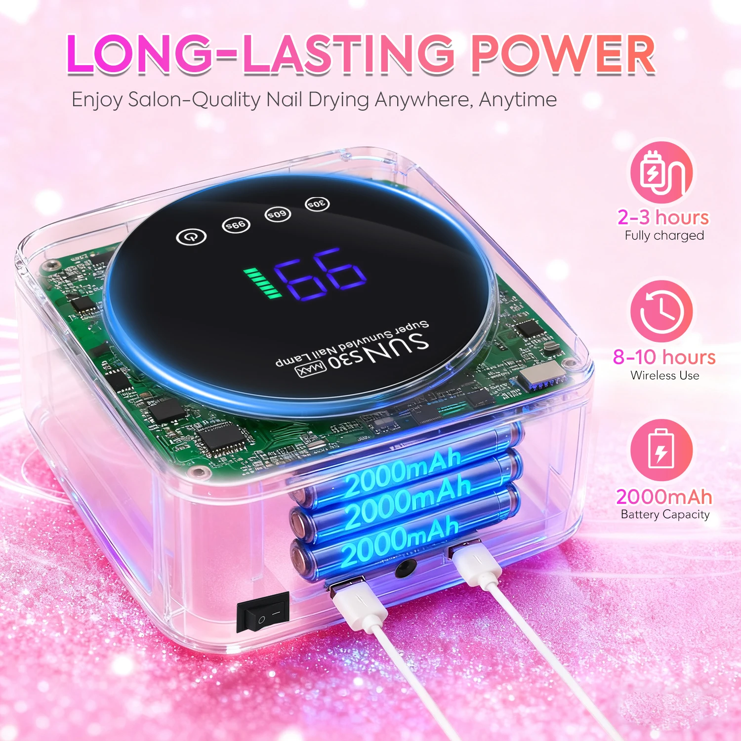 DianaBeauty UV LED Nail Lamp Rechargeable Cordless Nail Dryer with Rhinestone and 3 Timer Settings UV Light for Manicure Tools