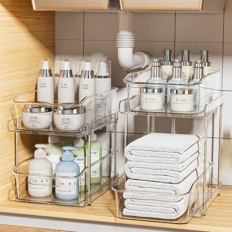 2 Sets of 2-Tier Clear Under Sink Organizers and Storage, Multi-Purpose Stackable Bathroom Cabinet organizers