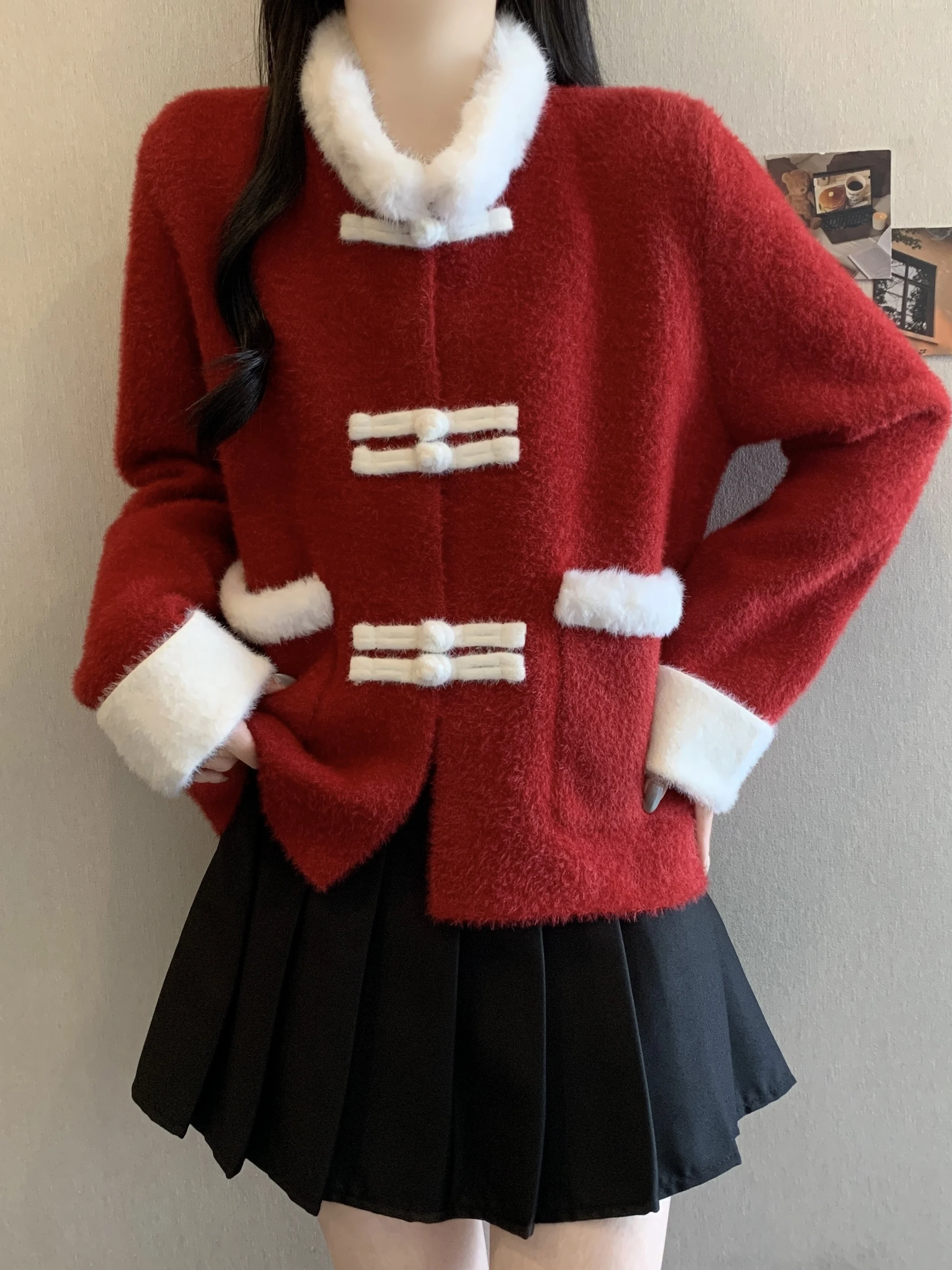 

Red New Chinese Sle Contrast Color Faux Mink Coat Women's Autumn Winter plus Size Ele National Sle Button ort Top