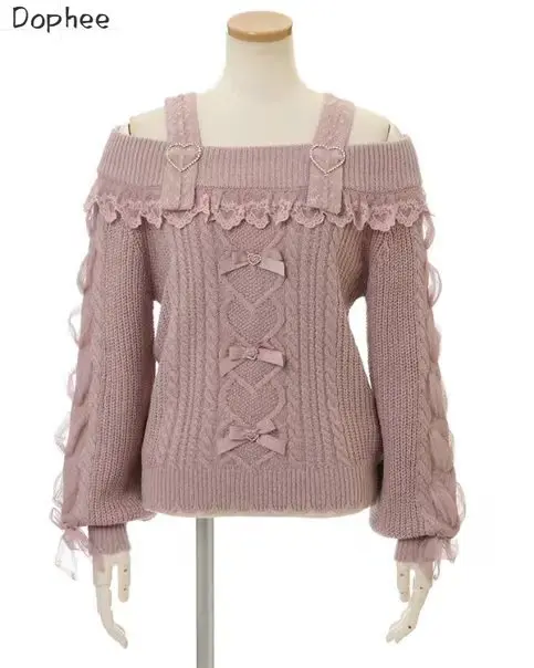 

Dophee Japan Styles Landmine Series Women Sweaters Off-the Shoulder Sexy Lace Strap Pullover Top Cute Girls Knitted Jumpers