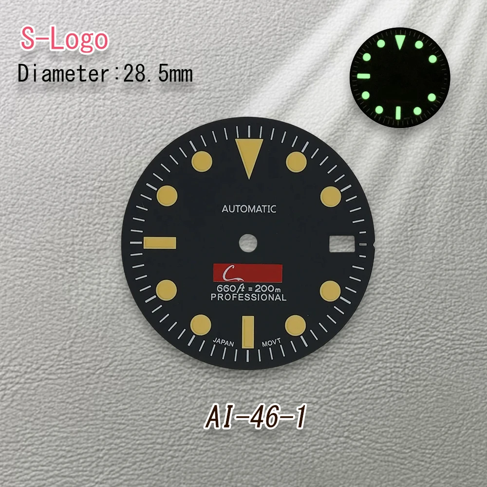 28.5mm de alta qualidade logotipo s retro mostrador verde luminoso adequado para movimento nh35 nh36 acessórios relógio reparação ferramenta modificação