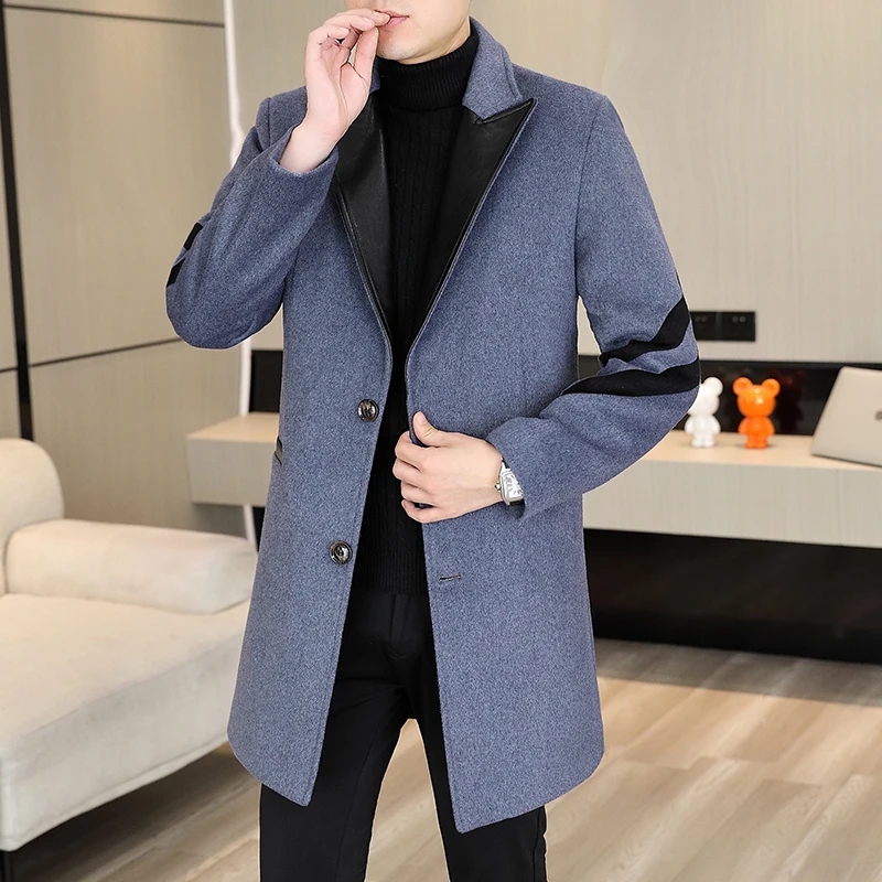 

Korean Autumn Winter Long Woolen Coat for Men Lapel PU Splicing Trench Jacket Casual Business Wool Blends Streetwear Overcoat