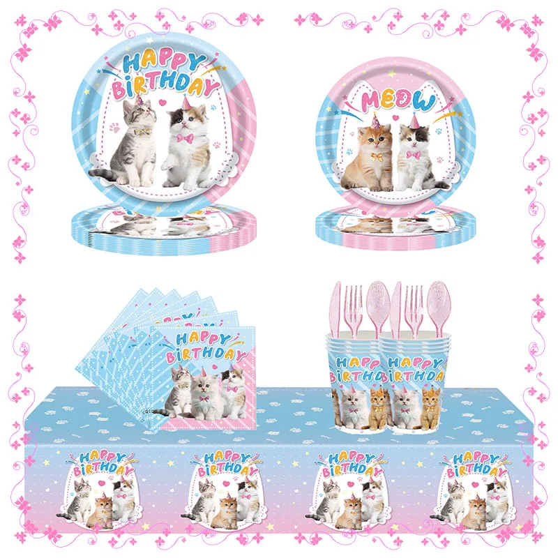 Pet Cat Theme Birthday Party Party Disposable Paper Cups Paper Plates Napkins Tablecloths Festive Tableware Supplies