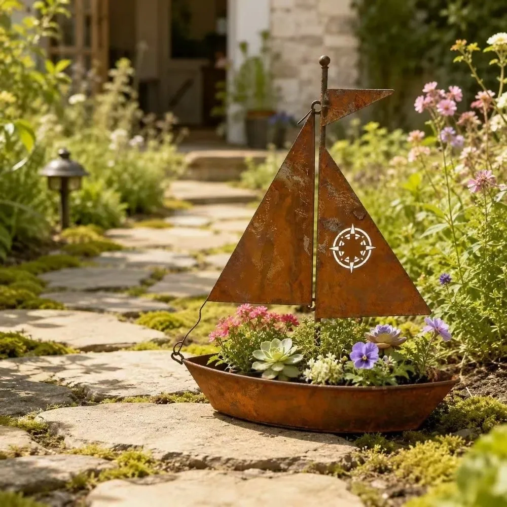 Rustic Sailboat Flower Pot Wrought Iron Vintage Nautical Metal Succulent Pots Handmade Weather-Resistant Boat-Shaped Planter