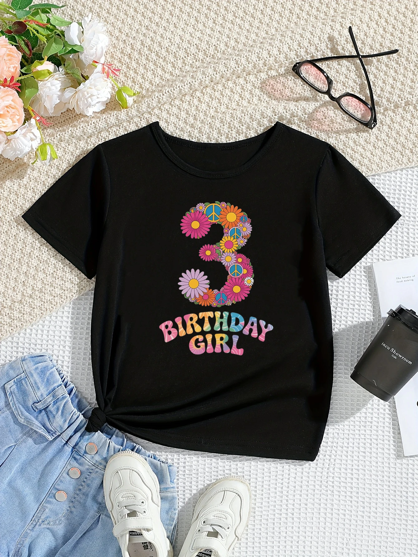 Tie-Dye 3rd Birthday Girl Flowers Printed T Shirt Girls Kawaii Kids Clothes Summer Short Sleeve Shirt