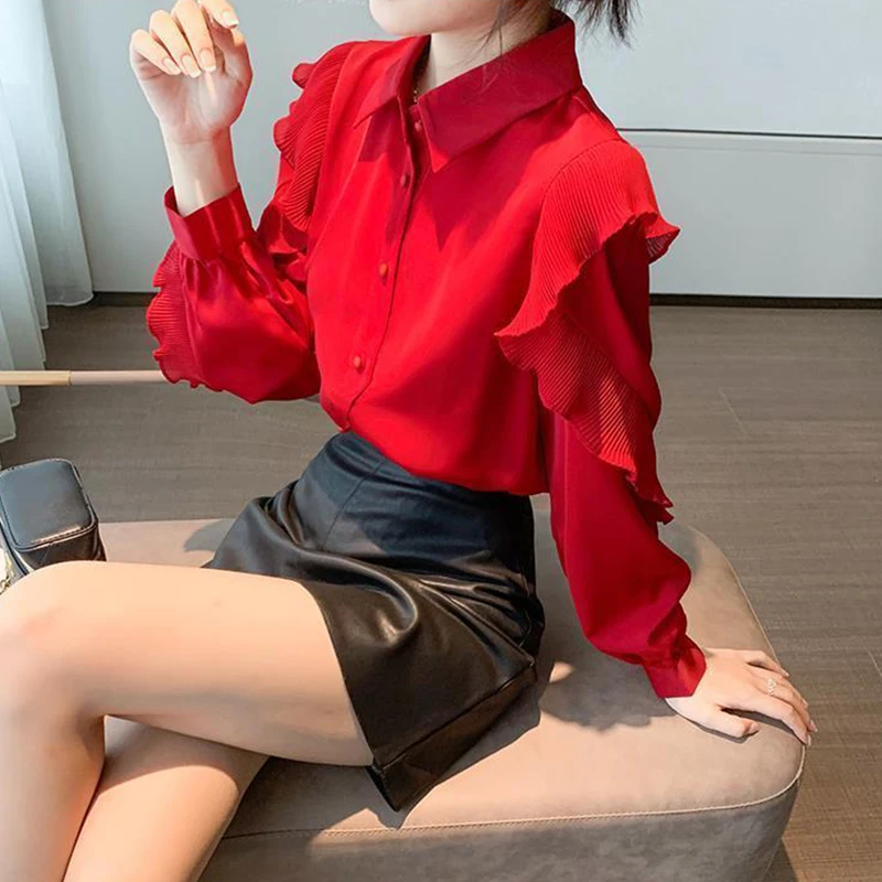 2022 Spring Autumn Red Elegant Fashion Ruffles Long Sleeve Shirt Top Women Polo-neck Cardigan Temperament Blouse All-match Blusa