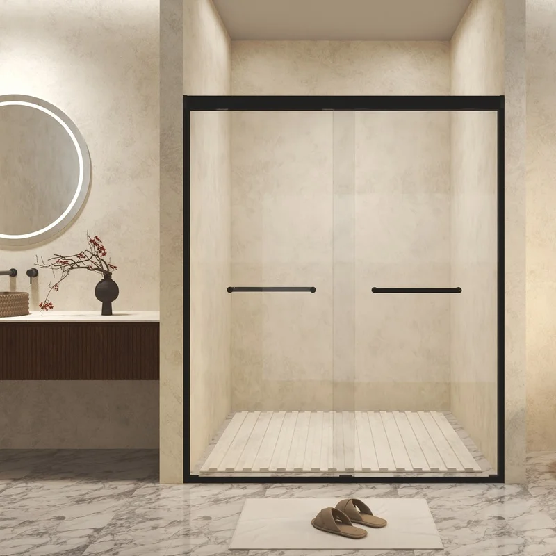 

56-60" x 72" Tempered Glass Double Sliding Shower Door, 6mm Thickness, Aluminum Frame, Stainless Steel Handle, Matte Black Finish